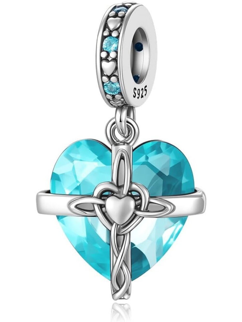 Women's Sky Blue925 Sterling Silver Cross Charms Dangle Beads Heart Birthstone